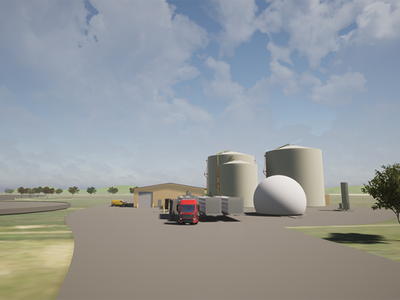Visualisering af biogasanlæg i åbent landskab med fokus på procesanlæg og energidistribution.