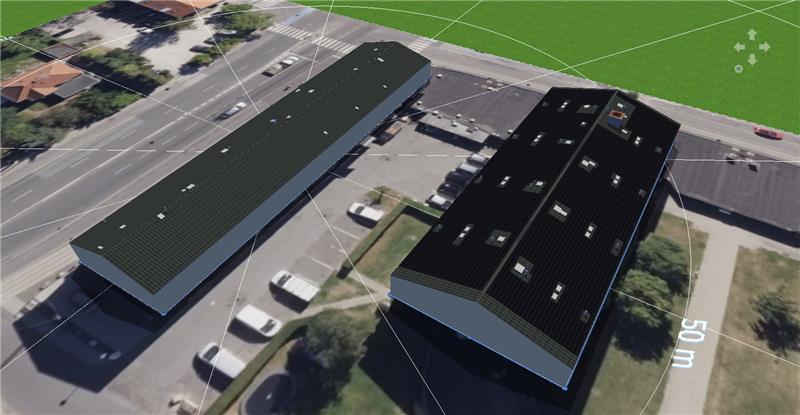 Digital model, der viser placering af solcelleanl&aelig;g p&aring; tagflader i et af HBO Solutions&rsquo; projekter.