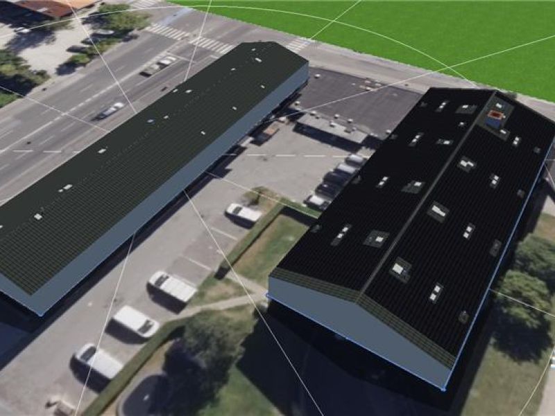 Digital model, der viser placering af solcelleanl&aelig;g p&aring; tagflader i et af HBO Solutions&rsquo; projekter.